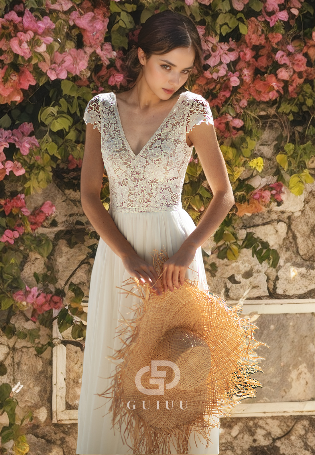 A-Line V Neck Cap Sleeves Lace Appliques Chiffon Wedding Dress with High Side Slit and Train