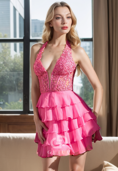 A-Line Low V Neck Halter Sleeveless Appliques Chiffon Tiered Back Zipper Homecoming Dress