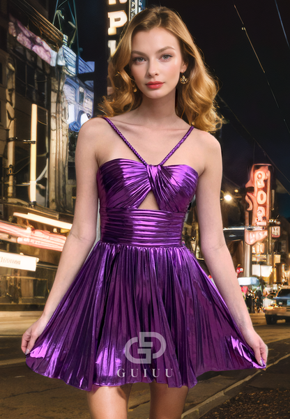 A-Line Strapless Halter Pleated Back Zipper Homecoming Dress