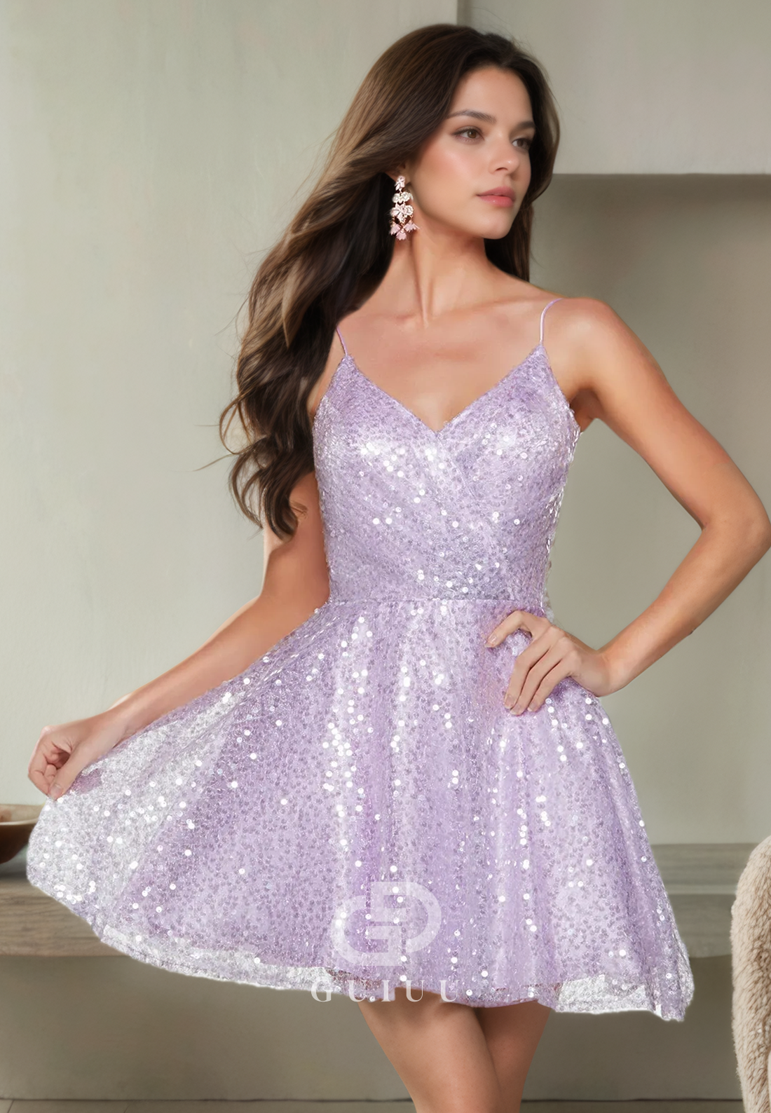 A-Line V Neck Straps Sleeveless Fully Sequins Lace Up Homecoming Dress