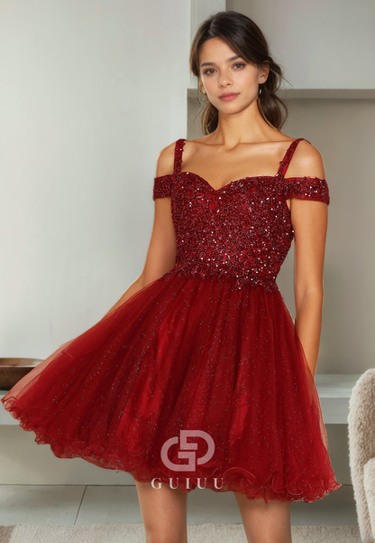 A-Line Off Shoulder Straps Sleeveless Beaded Sequins Lace Up Tulle Homecoming Dress