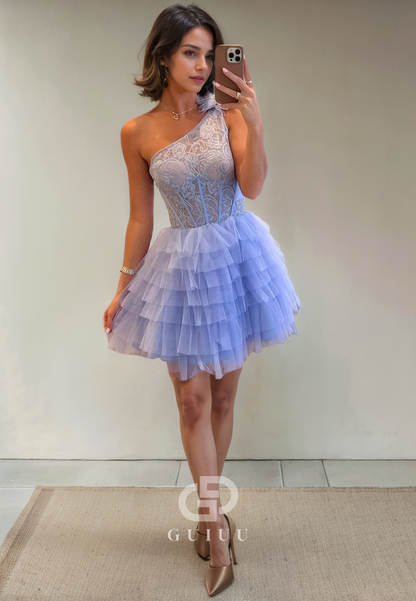 A-Line One Shoulder Sleeveless Appliques Tulle Tiered Back Zipper Homecoming Dress