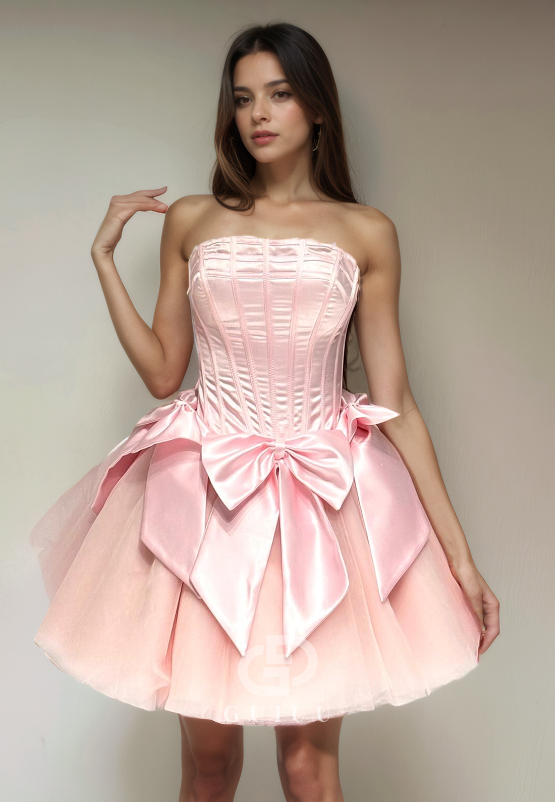 A-Line Strapless Sleeveless Pleated Lace Up Bow Knot Homecoming Dress