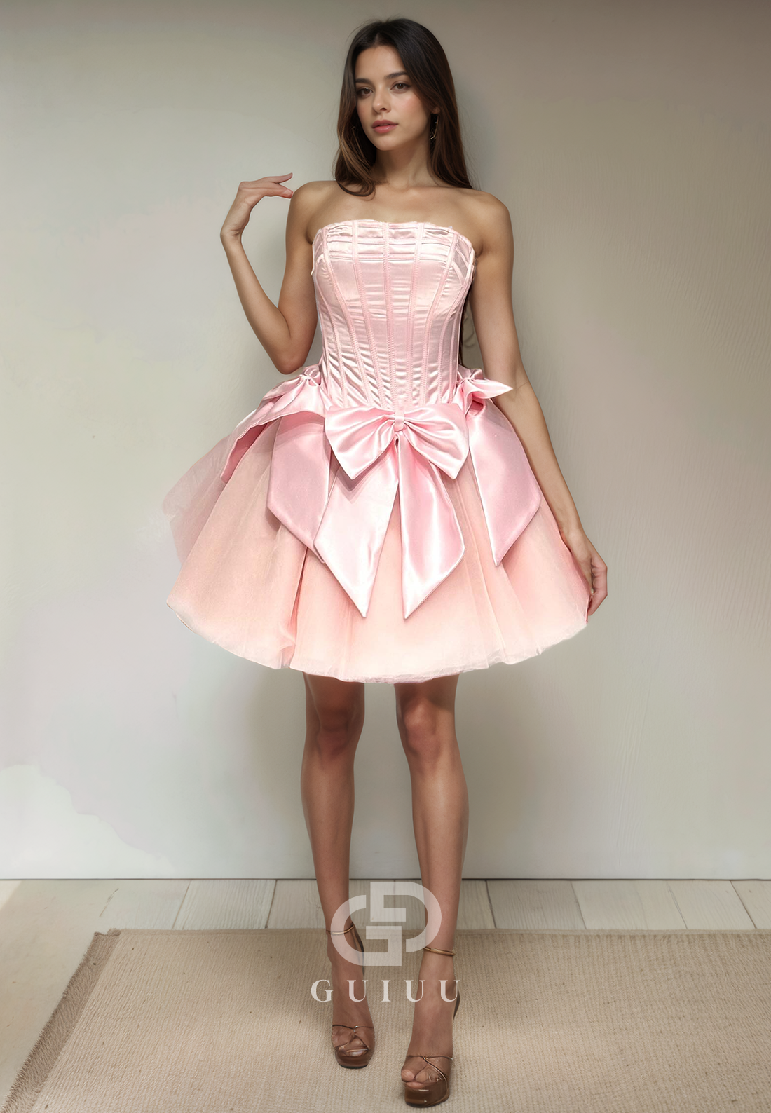 A-Line Strapless Sleeveless Pleated Lace Up Bow Knot Homecoming Dress