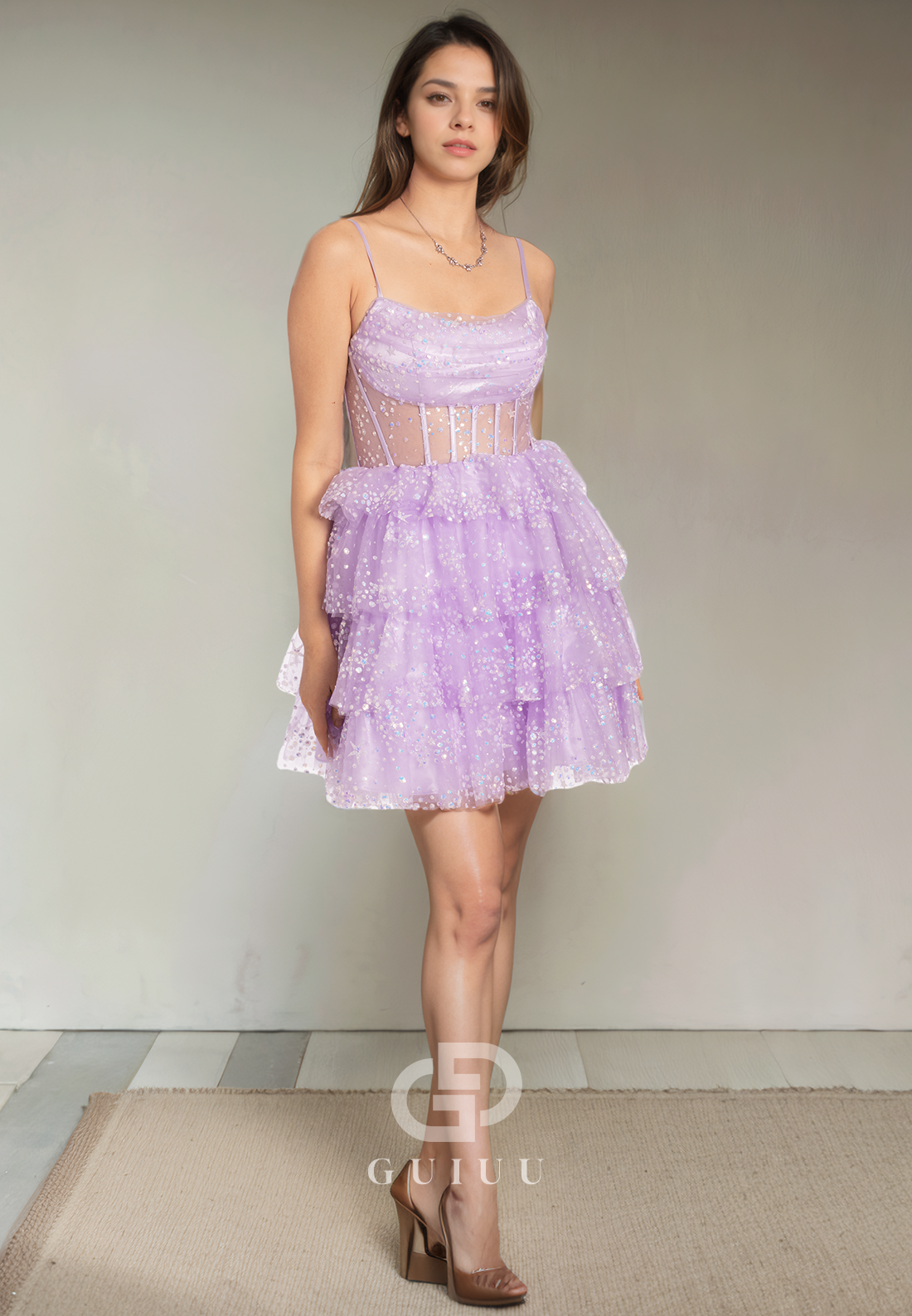 A-Line Strapless Straps Sleeveless Tulle Tiered Criss Cross Straps Homecoming Dress