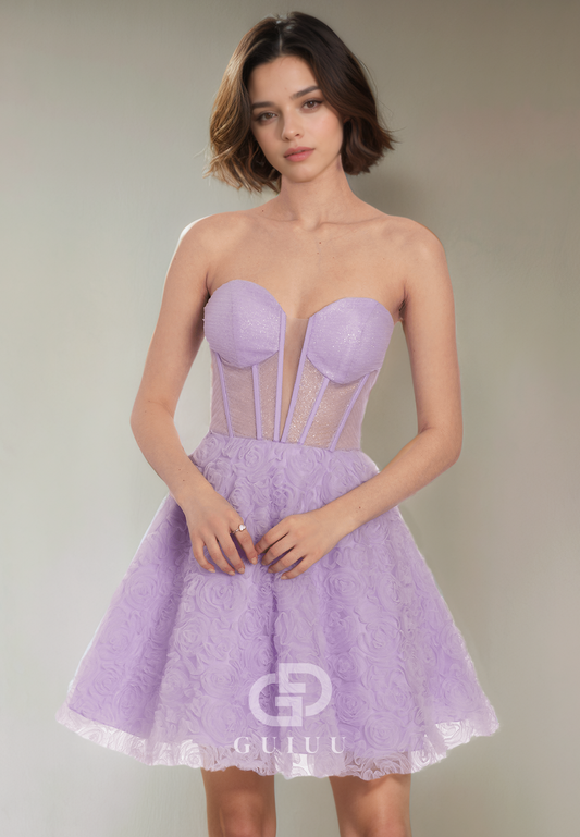 A-Line Strapless Sleeveless Pleated Tulle Criss Cross Straps Homecoming Dress