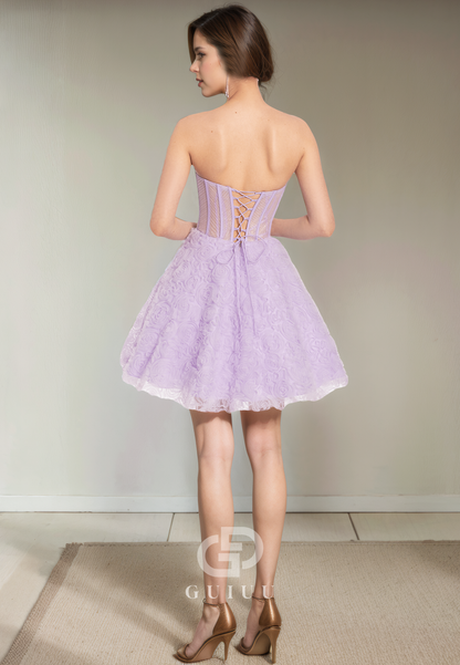 A-Line Strapless Sleeveless Pleated Tulle Criss Cross Straps Homecoming Dress