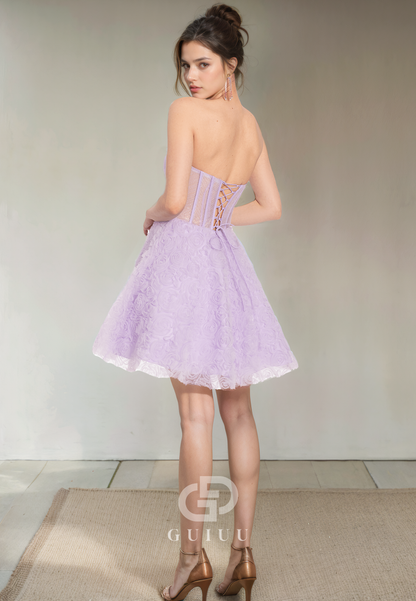 A-Line Strapless Sleeveless Pleated Tulle Criss Cross Straps Homecoming Dress