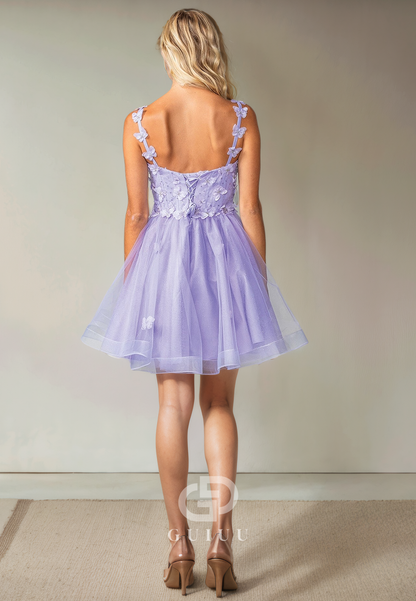 A-Line V Neck Straps Sleeveless Appliques Tulle Back Zipper Homecoming Dress