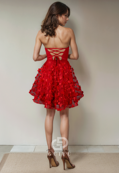 A-Line Strapless Sleeveless Appliques Criss Cross Straps Homecoming Dress