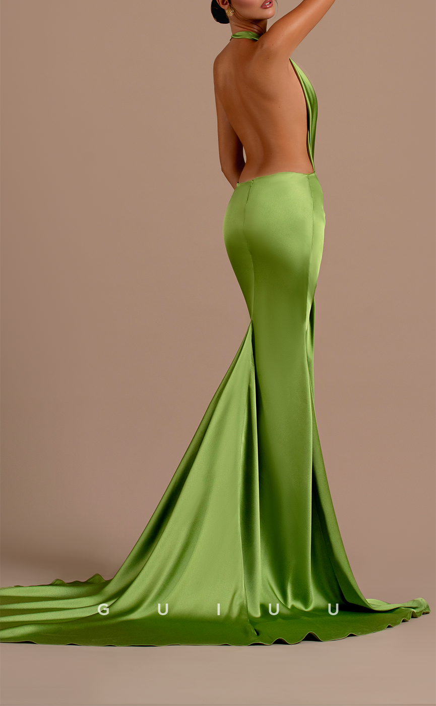 G3258 - Chic & Modern V-Neck Halter Pleats Open Back Long Formal Prom Dresses