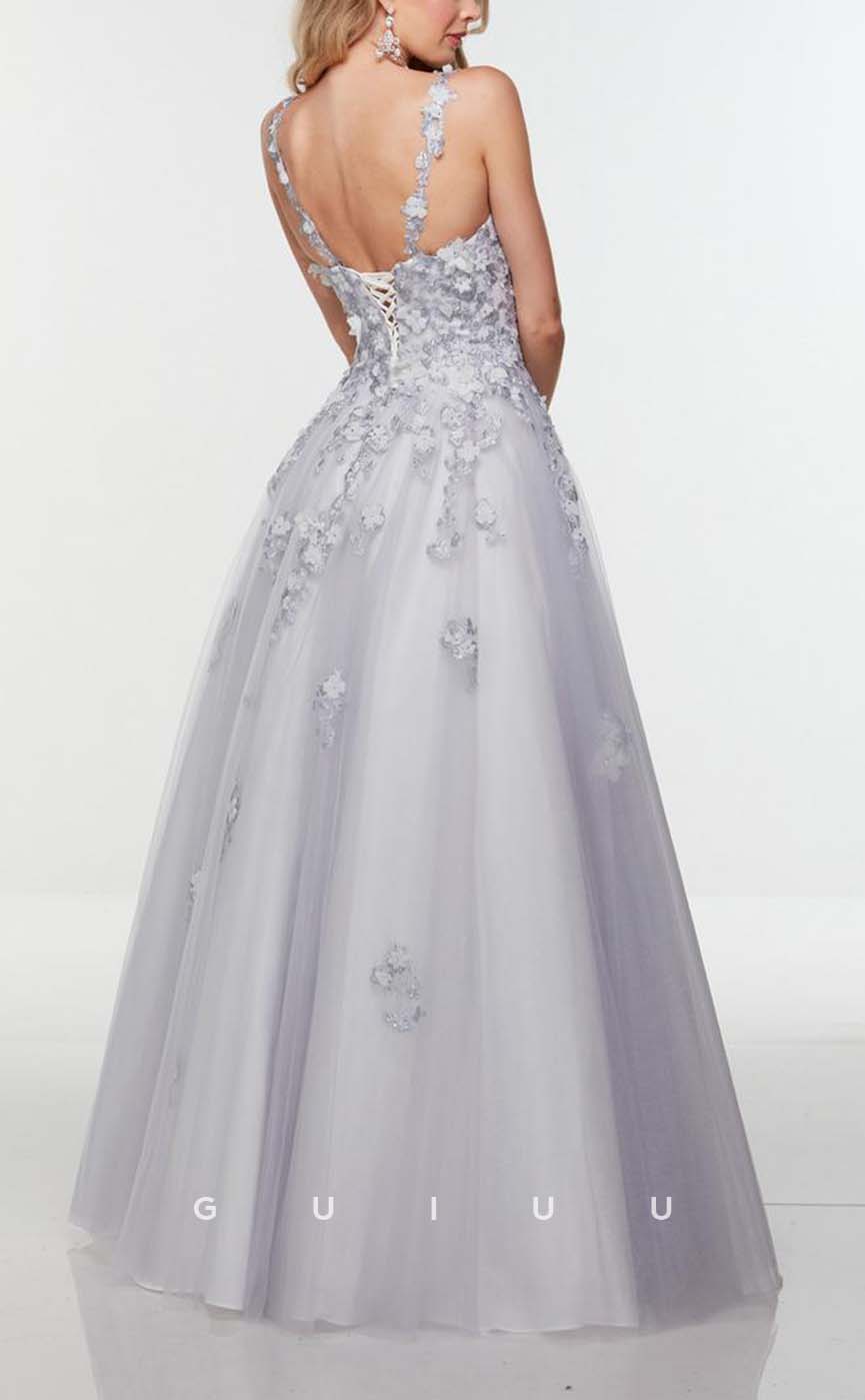 G3272 - Elegant & Luxurious A-line Applique Tulle Long Party Prom Evening Dresses