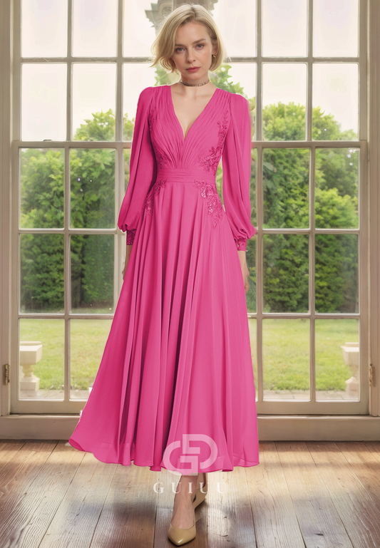 A-Line V Neck Long Sleeves Appliques Tea Length Chiffon Mother of Bride Dress