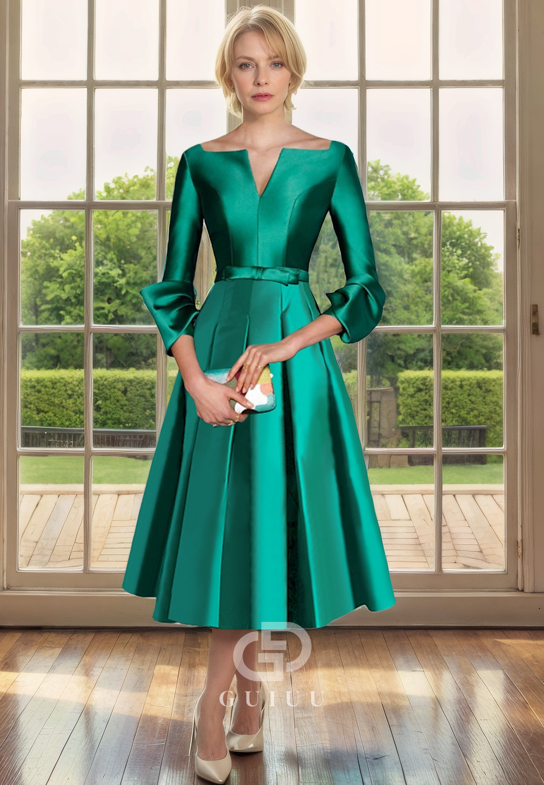 A-Line Scoop Neck 34 Length Sleeves Tea Length Satin Mother of Bride Dress