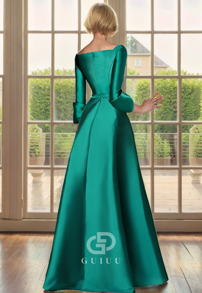 A-Line Scoop Neck 34 Length Sleeves Back Zipper Satin Mother of Bride Dress with Slit