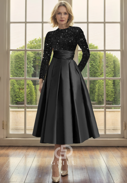 A-Line High Neck Long Sleeves Velvet Sequies Tea Length Mother of Bride Dress