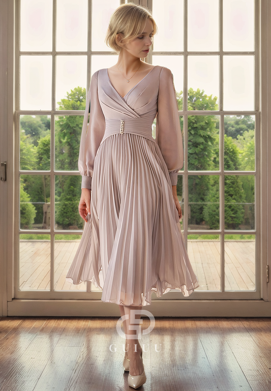 A-Line V Neck Long Sleeves Pleated Beaded Back Zipper Tea Length Chiffon Mother of Bride Dress