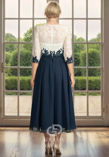 A-Line Scoo Neck Half Sleeves Lace Appliques Tea Length Back Zipper Mother of Bride Dress