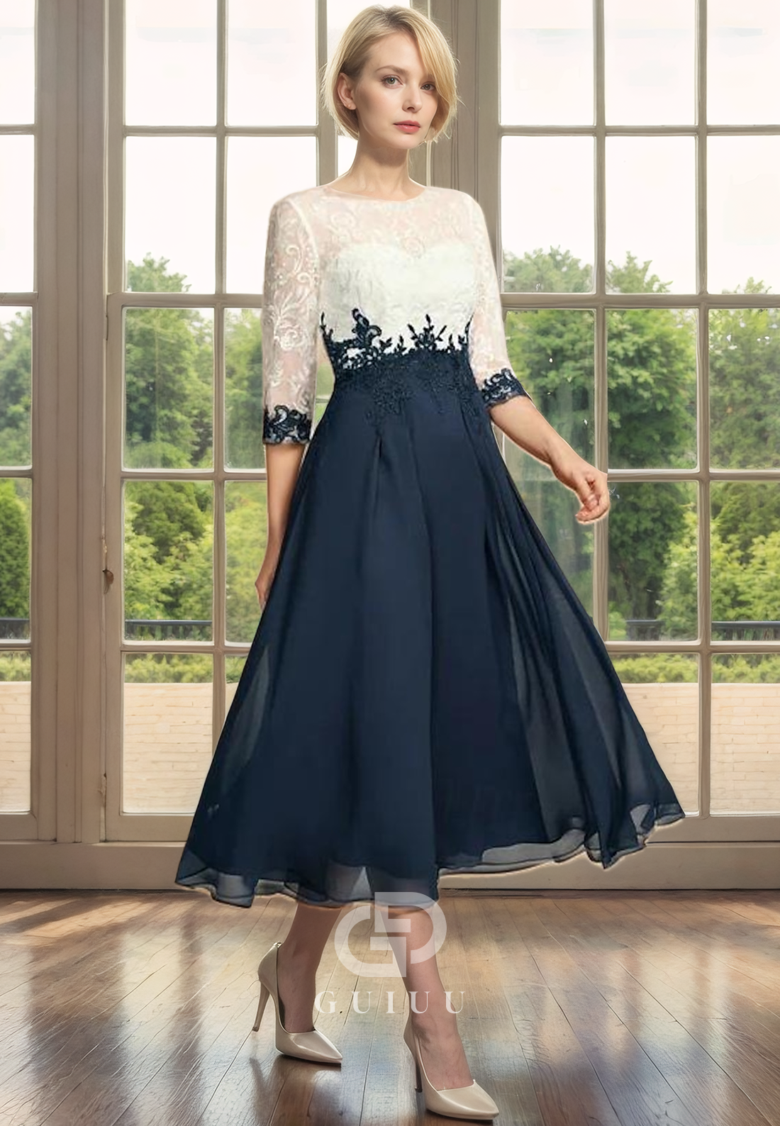 A-Line Scoo Neck Half Sleeves Lace Appliques Tea Length Back Zipper Mother of Bride Dress