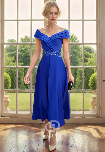 A-Line Off Shoulder Sleeveless Pleated Appliques Tea Length Mother of Bride Dress