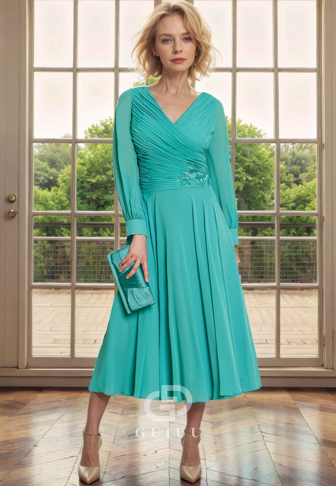 A-Line V Neck Long Sleeves Pleated Appliques Tea Length Chiffon Mother of Bride Dress