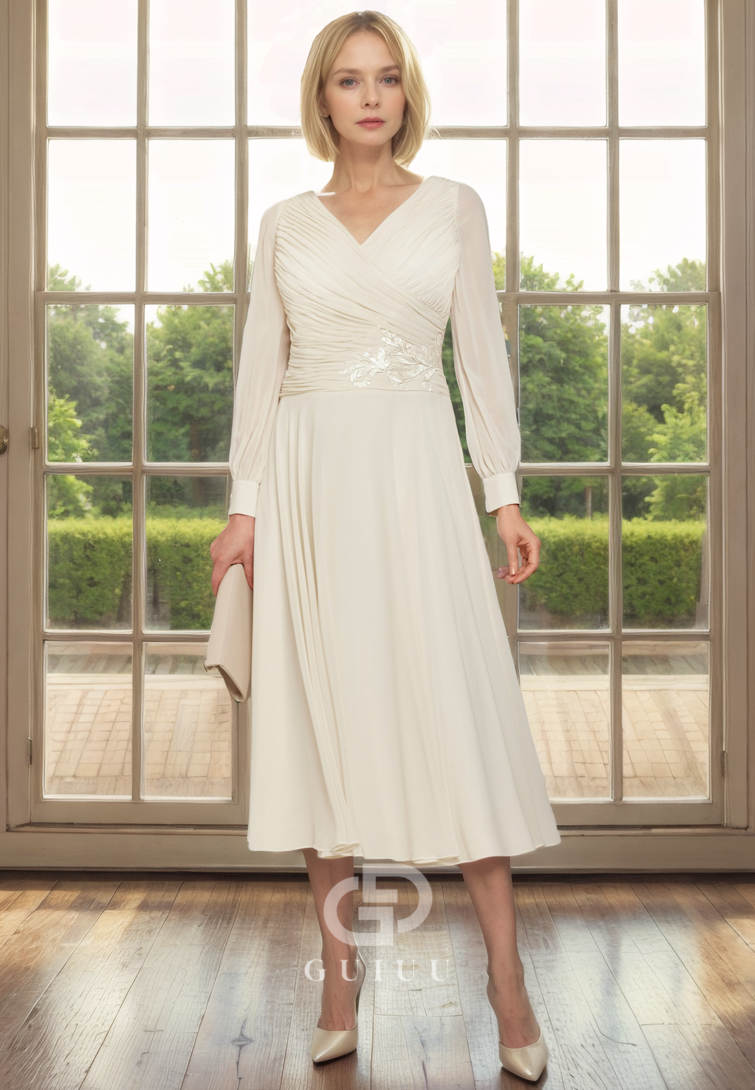 A-Line V Neck Long Sleeves Pleated Appliques Tea Length Chiffon Mother of Bride Dress