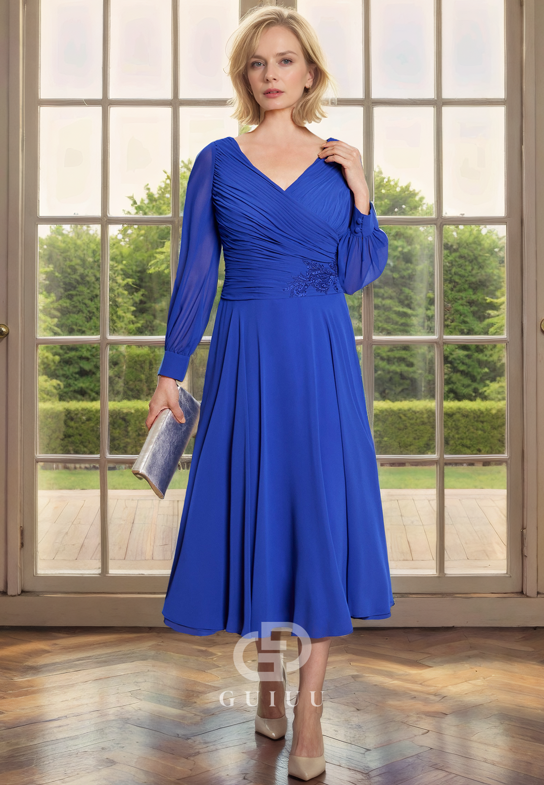 A-Line V Neck Long Sleeves Pleated Appliques Tea Length Chiffon Mother of Bride Dress