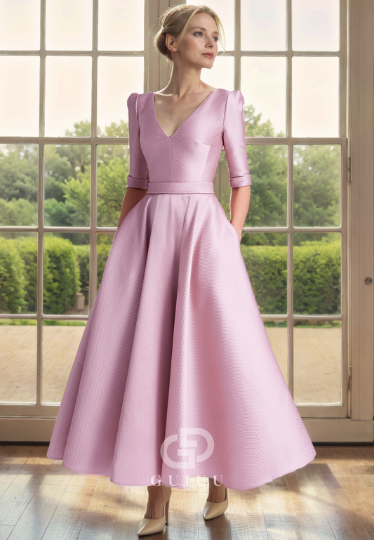 A-Line V Neck Half Sleeves Back Zipper Tea Length Satin Mother of Bride Dress