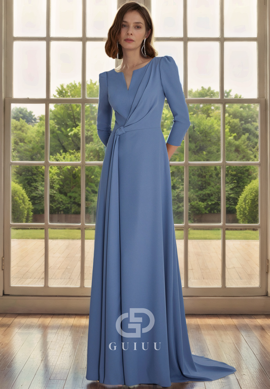 A-Line Scoop Neck 34 Length Sleeves Pleated Back Zipper Mother of Bride Dress with Train