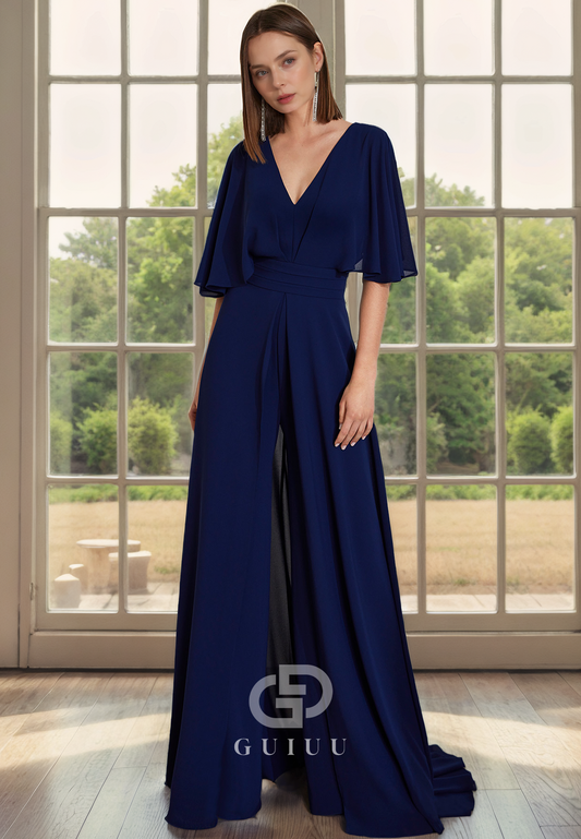 A-Line V Neck Half Sleeves Back Zipper Chiffon Mother of Bride Dress with Slit