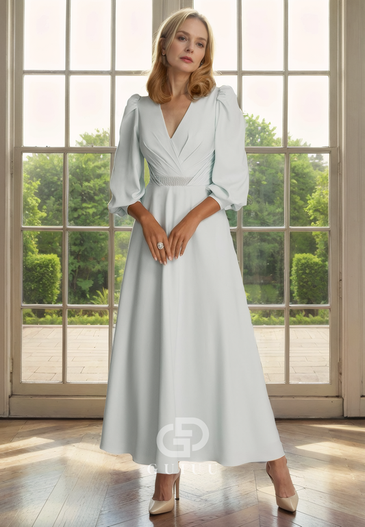 A-Line V Neck 34 Length Sleeves Pleated Tea Length Mother of Bride Dress