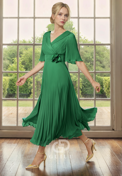 A-Line V Neck Half Sleeves Pleated Tea Length Mother of Bride Dress