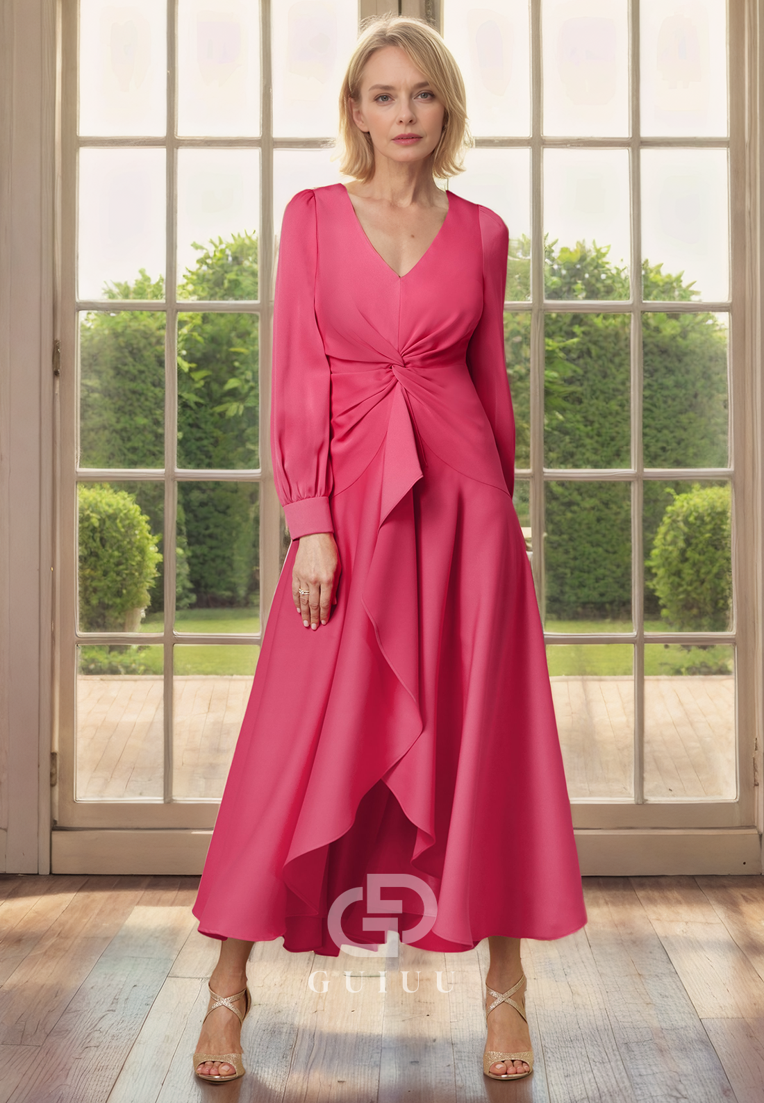 A-Line V Neck Long Sleeves Pleated Tea Length Mother of Bride Dress