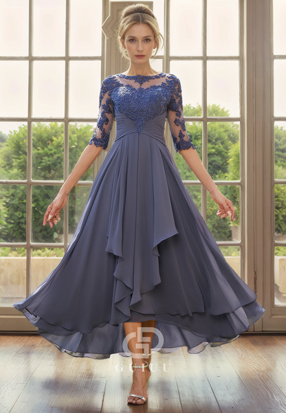 A-Line Scoop Neck Half Sleeves Lace Appliques Ruffles Chiffon Mother of Bride Dress