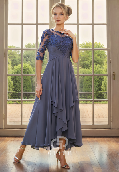 A-Line Scoop Neck Half Sleeves Lace Appliques Ruffles Chiffon Mother of Bride Dress