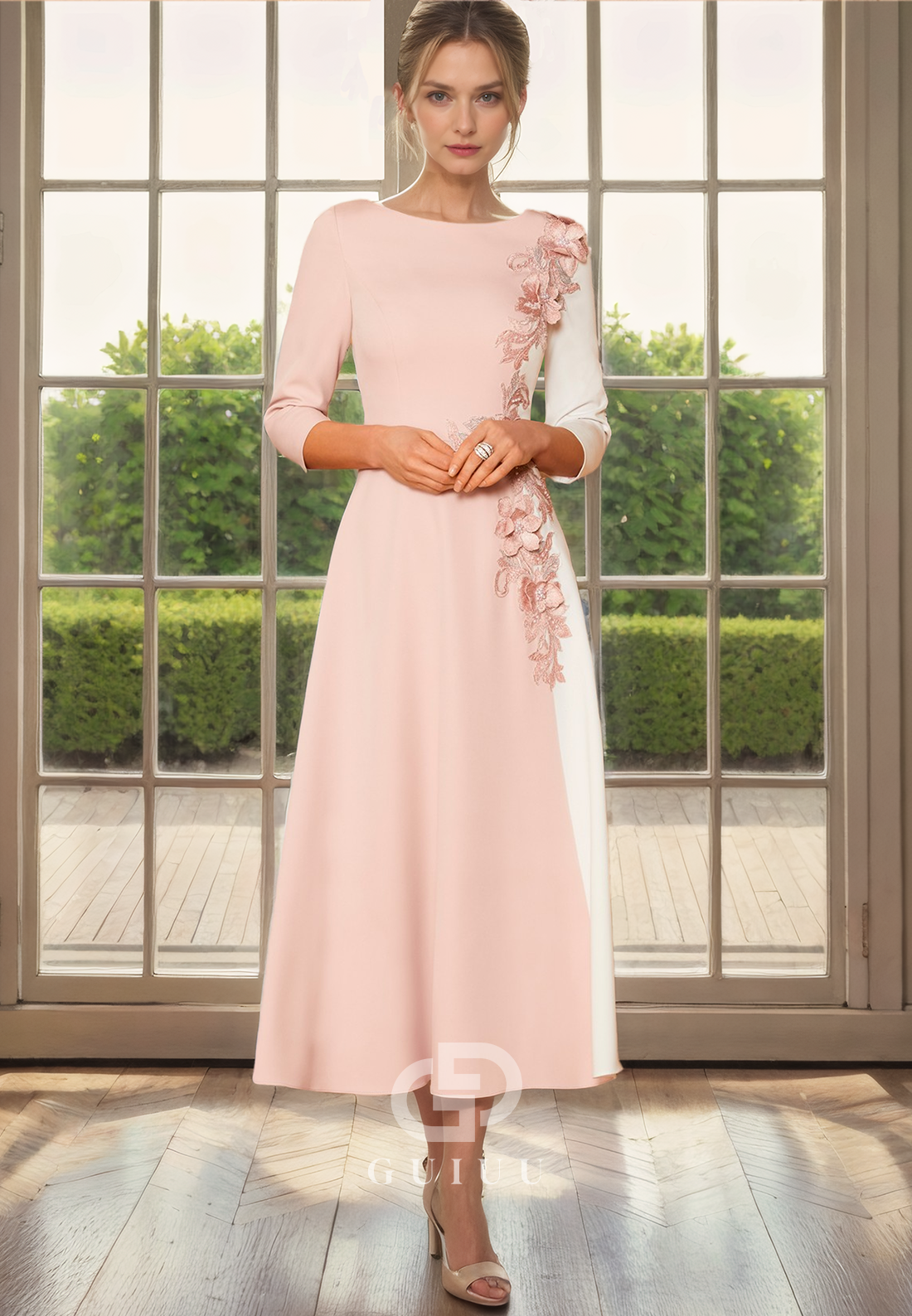 A-Line Scoop Neck 34 Length Sleeves Appliques Tea Length Mother of Bride Dress