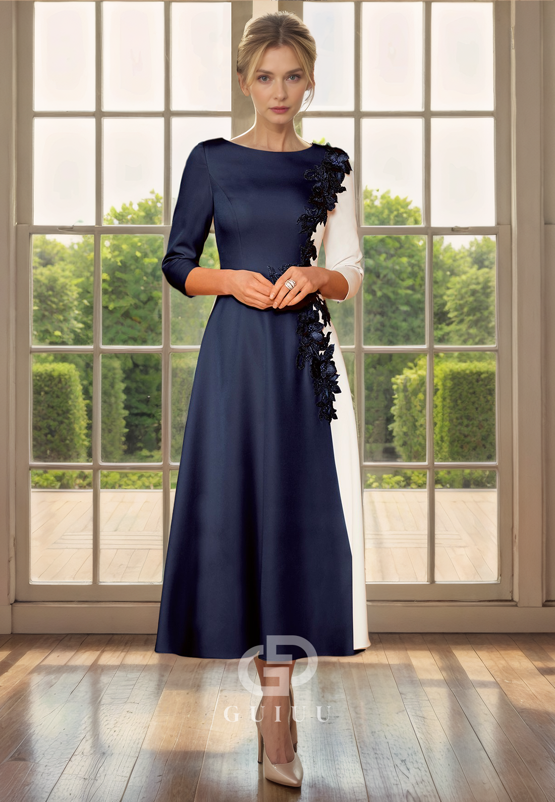 A-Line Scoop Neck 34 Length Sleeves Appliques Tea Length Mother of Bride Dress