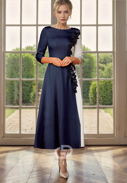 A-Line Scoop Neck 34 Length Sleeves Appliques Tea Length Mother of Bride Dress