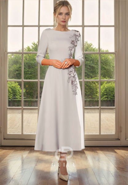 A-Line Scoop Neck 34 Length Sleeves Appliques Tea Length Mother of Bride Dress