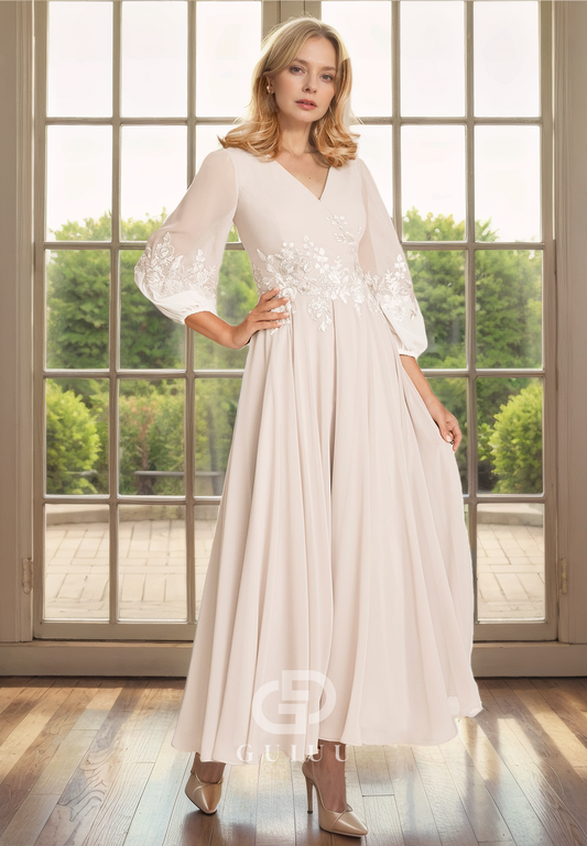 A-Line V Neck 34 Length Sleeves Appliques Tea Length Chiffo Mother of Bride Dress