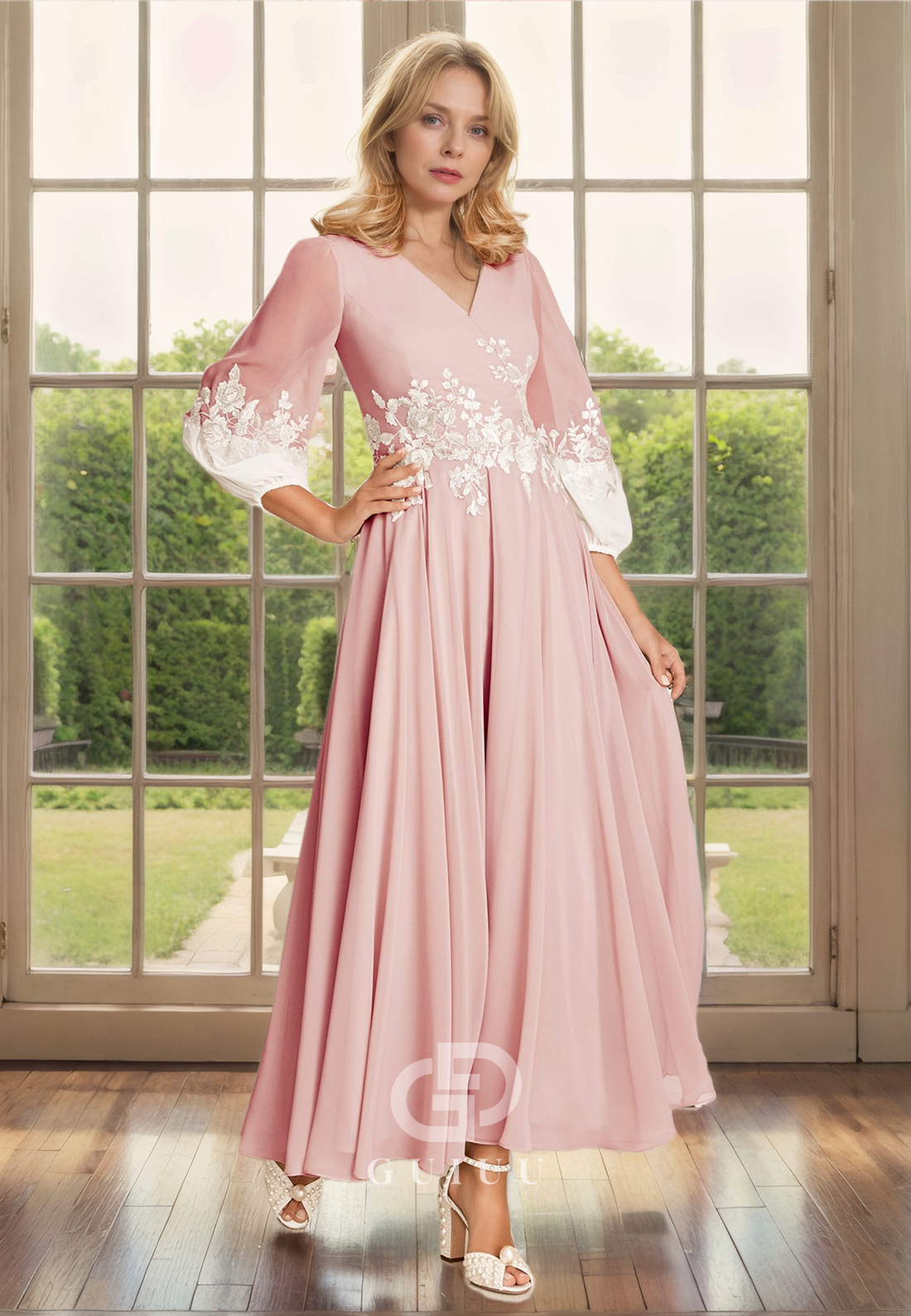 A-Line V Neck 34 Length Sleeves Appliques Tea Length Chiffo Mother of Bride Dress