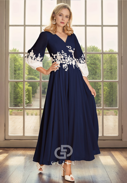 A-Line V Neck 34 Length Sleeves Appliques Tea Length Chiffo Mother of Bride Dress