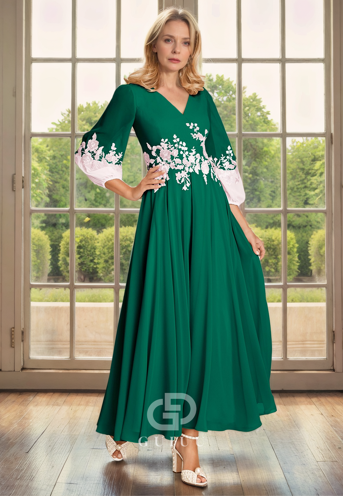 A-Line V Neck 34 Length Sleeves Appliques Tea Length Chiffo Mother of Bride Dress