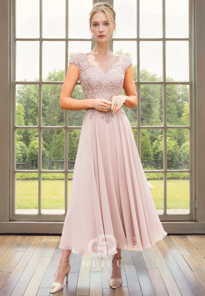 A-Line V Neck Short Cap Sleeves Lace Appliques Tea Length Chiffon Mother of Bride Dress