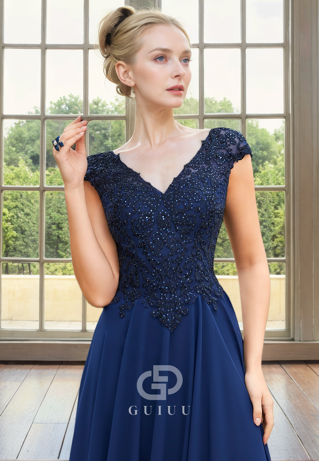 A-Line V Neck Short Cap Sleeves Lace Appliques Tea Length Chiffon Mother of Bride Dress