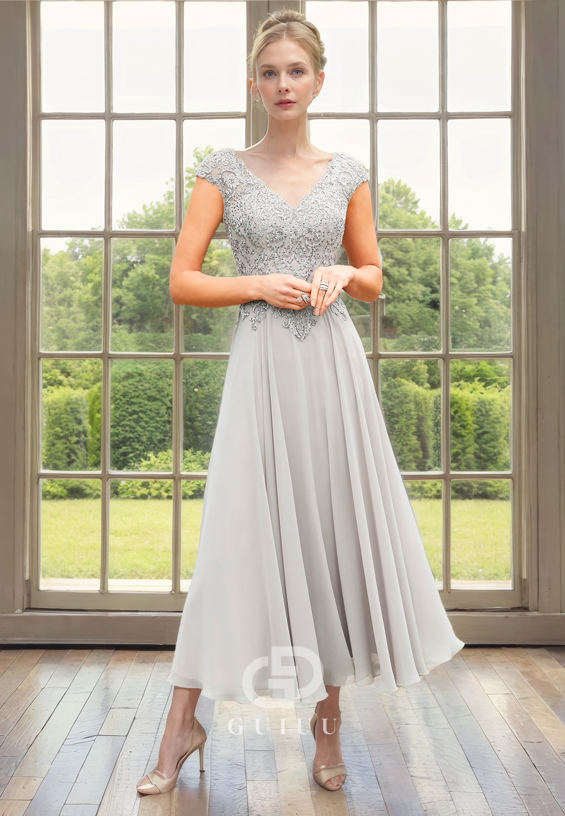 A-Line V Neck Short Cap Sleeves Lace Appliques Tea Length Chiffon Mother of Bride Dress