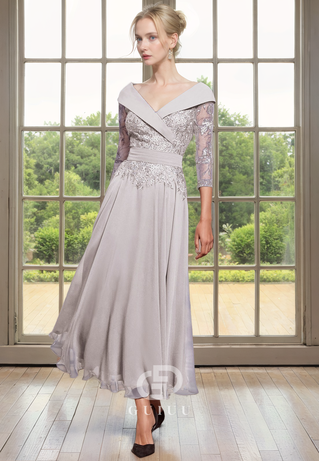 A-Line Off Shoulder 34 Length Sleeves Lace Appliques Chiffon Tea Length Mother of Bride Dress