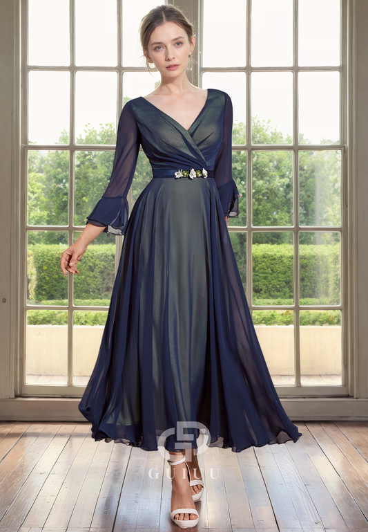 A-Line V Neck34 Length Sleeves Pleated Tea Length Chiffon Mother of Bride Dress with Belt