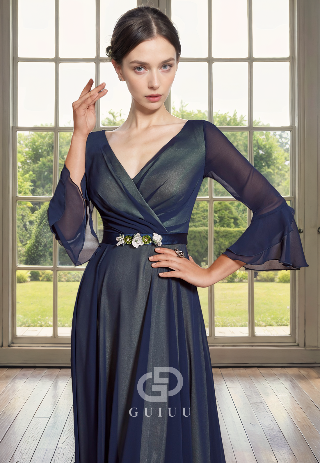 A-Line V Neck34 Length Sleeves Pleated Tea Length Chiffon Mother of Bride Dress with Belt