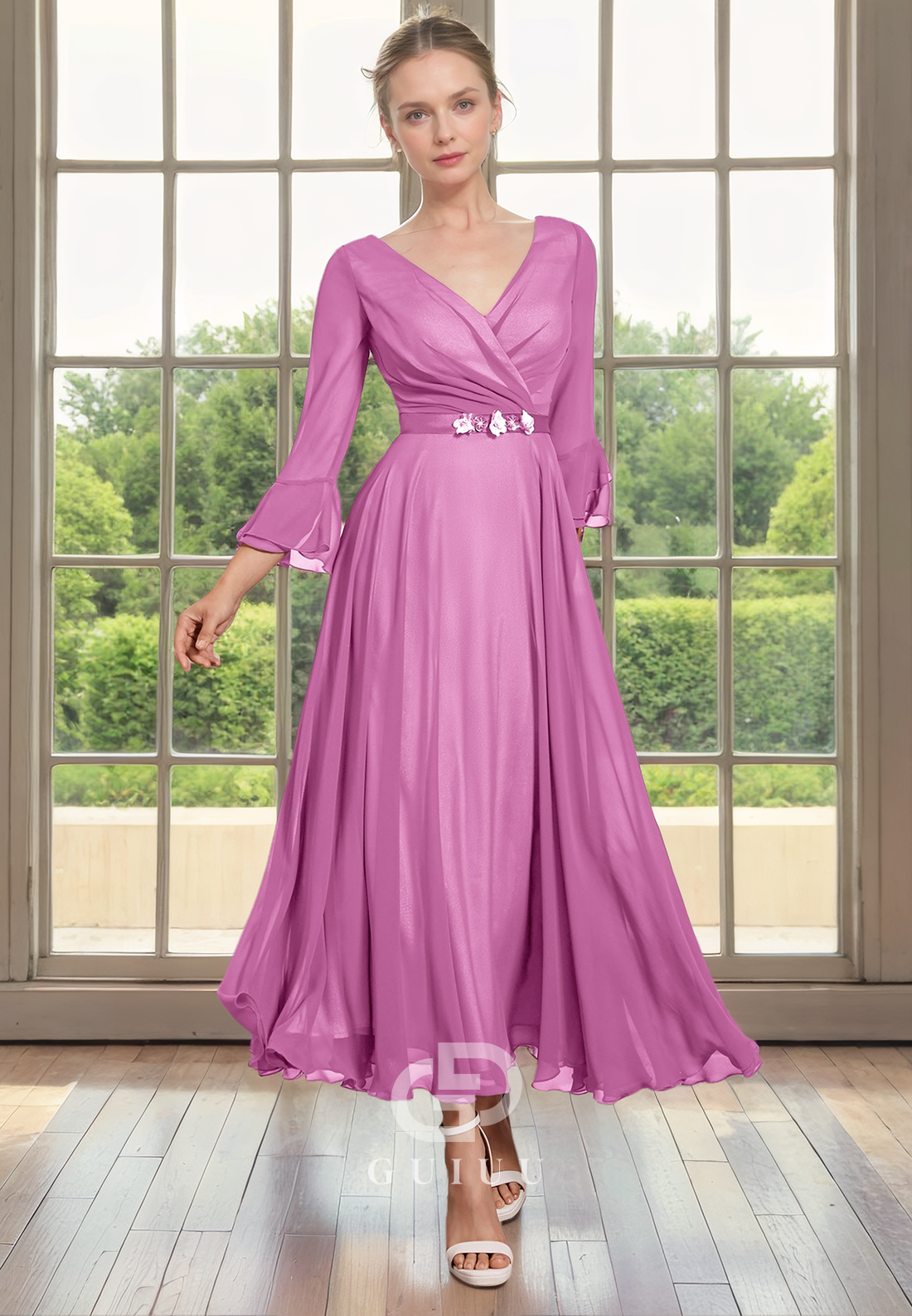 A-Line V Neck34 Length Sleeves Pleated Tea Length Chiffon Mother of Bride Dress with Belt